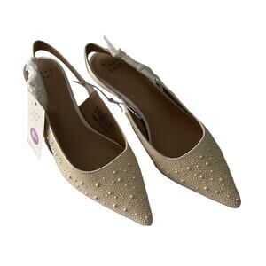 A New Day Pearl Studded (Embossed) Slingback Pointed Toe Kitten Heels Ivory 6.5